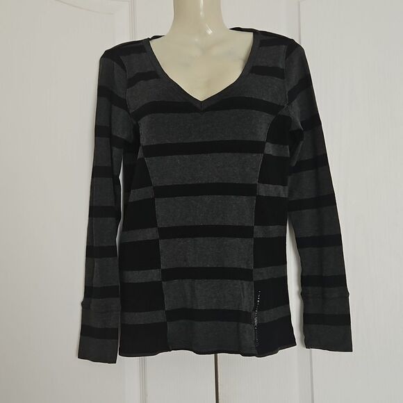 Calvin Klein Stripped Long Sleeves Cotton T-Shirt Medium Black/ Gray - Picture 2 of 16
